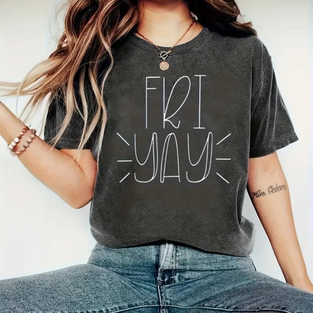 Fri-yah Print Tee - All-Season Stretch Fabric, Classic Crew Neck, Easy-Care Top